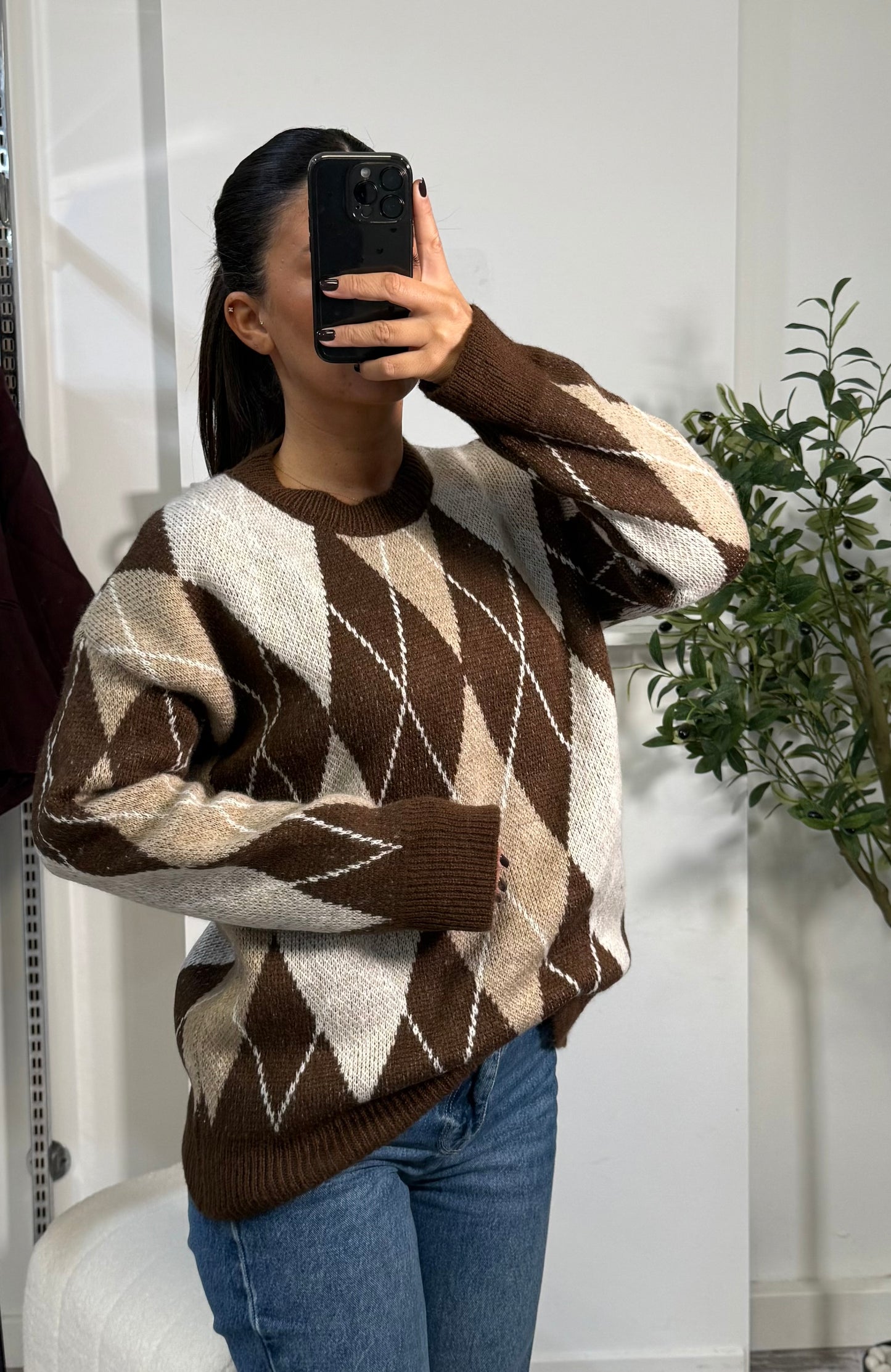 Pull à carreaux chocolat