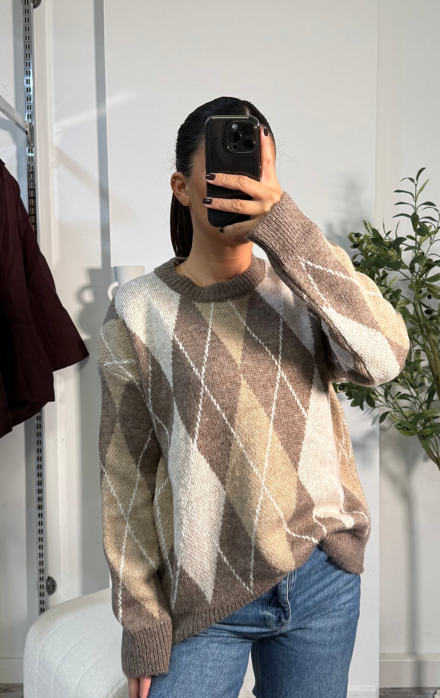 Pull à carreaux taupe