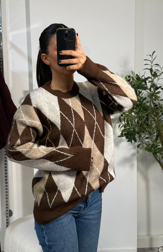 Pull à carreaux chocolat