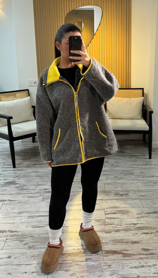 Veste moumoute gris et jaune
