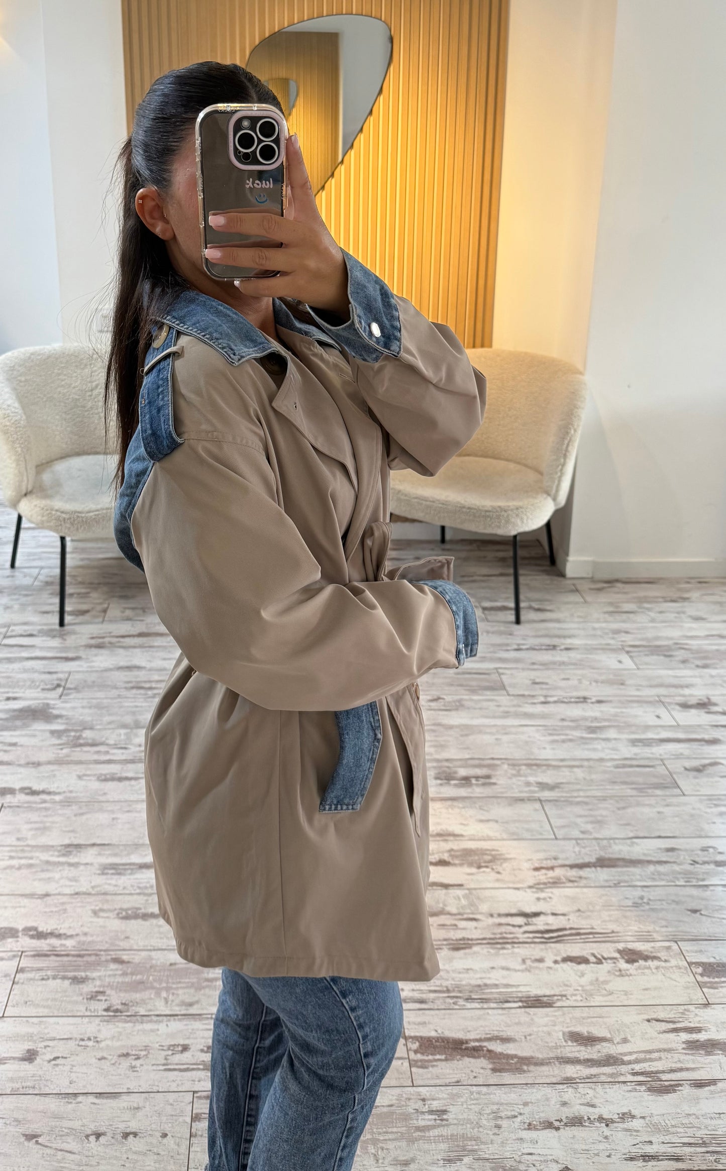 Trench bi matière en jeans