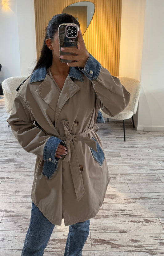 Trench bi matière en jeans